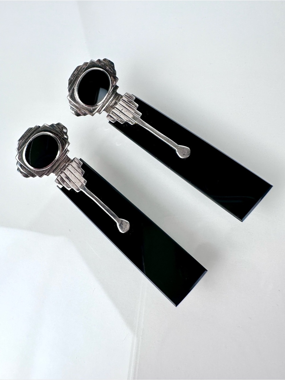 Vintage 925 Sterling Silver Black Onyx Art Deco Architectural Earrings - Picture 6 of 12